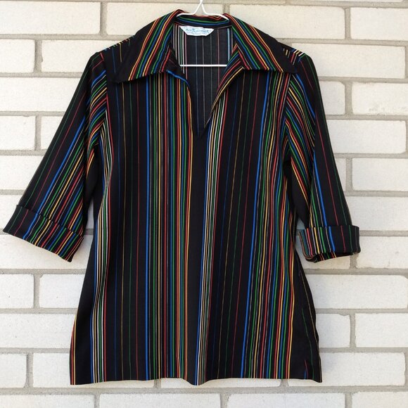 Vintage 70s Tunic Top 35" Bust Black Stripes Butterfly Collar Miss Fashionality - Picture 10 of 11